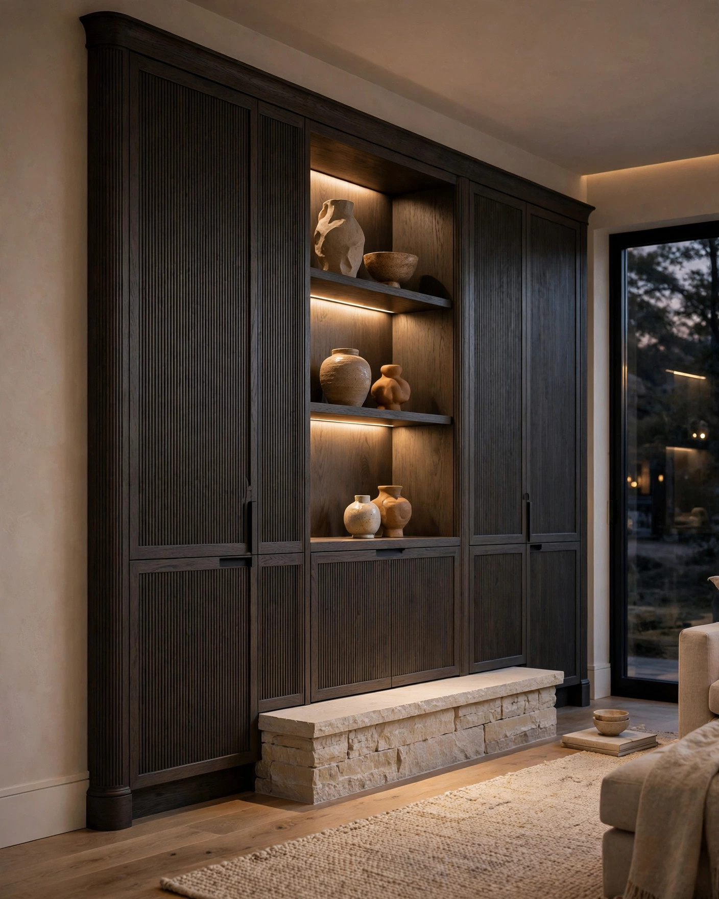Floor-to-ceiling charcoal oak living room cabinetry with integrated shelf lighting