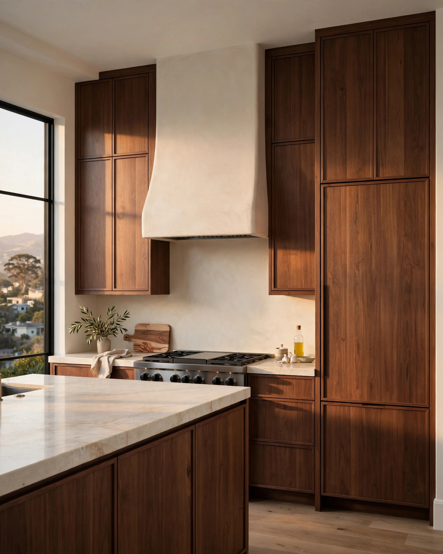 Contemporary walnut flat-panel kitchen with integrated appliances and stone surfaces