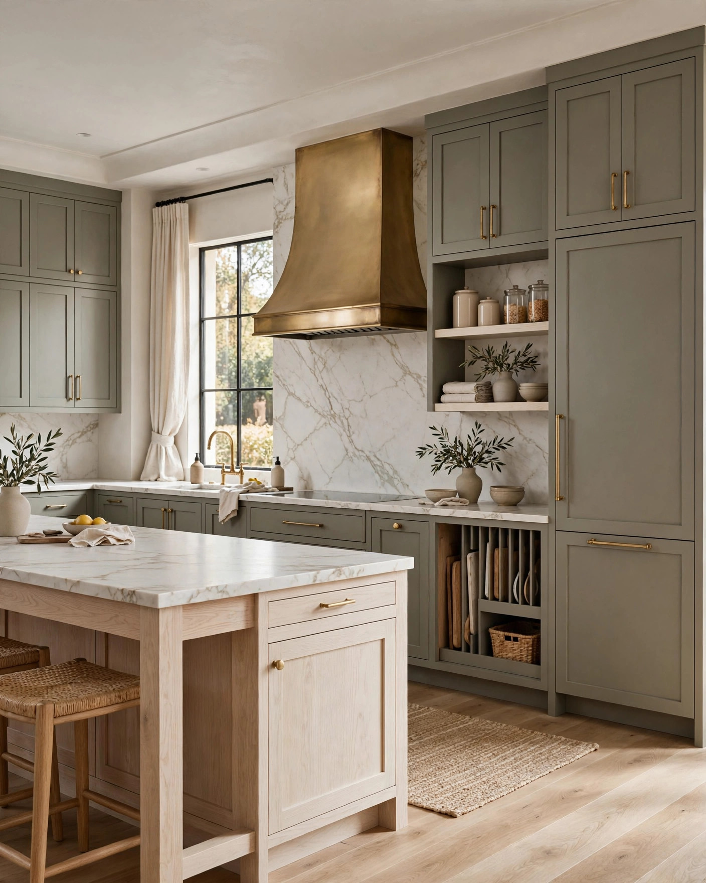 Slim Shaker kitchen in muted green with a white oak island and stone countertops